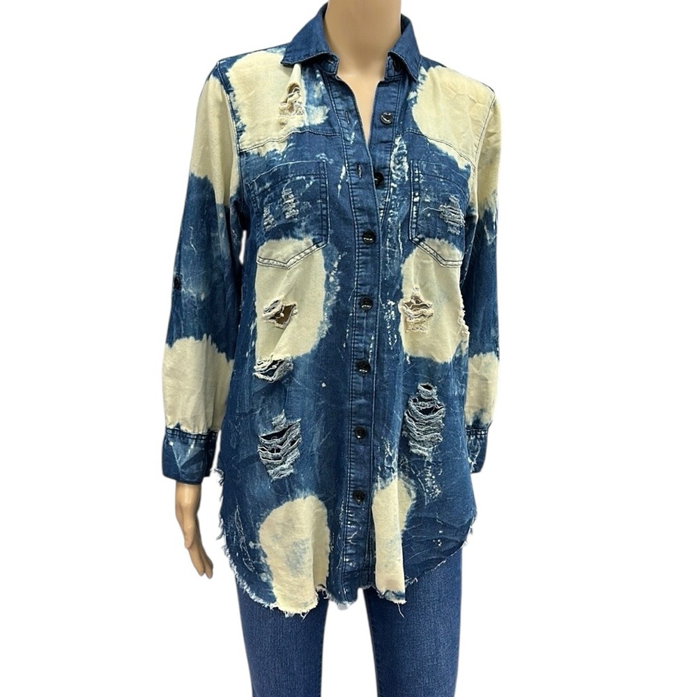Thrill Acid Wash Distressed Denim Roll Tab Sleeve Button Up Pocket Shirt Medium